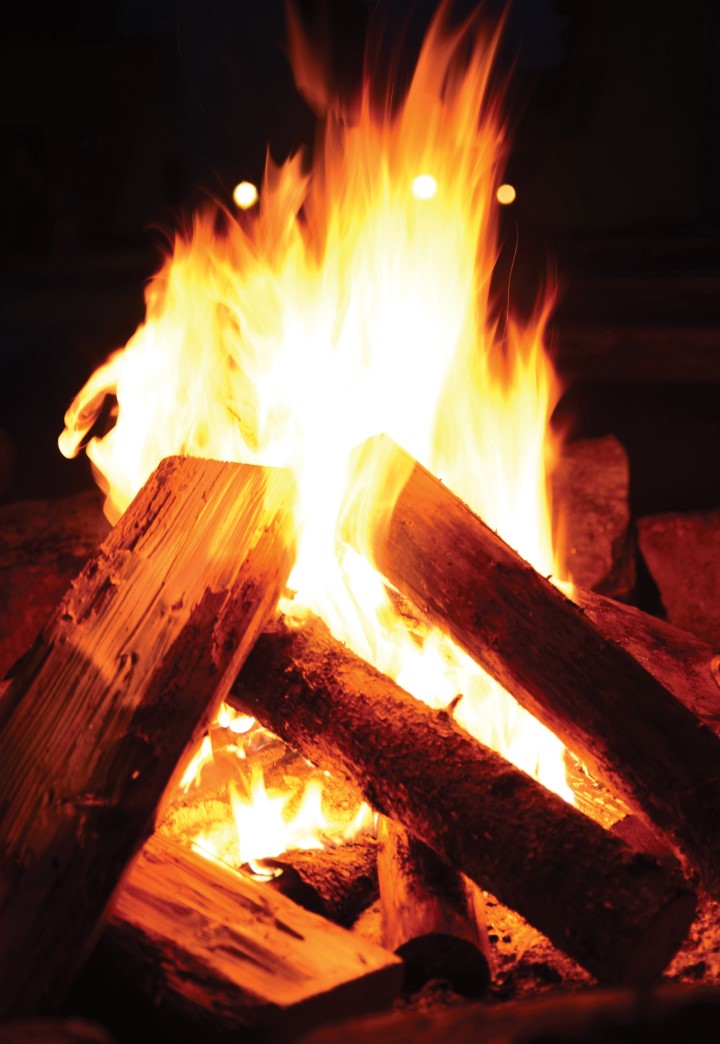 Pedaços de lenha numa fogueira.