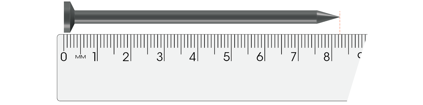 Ilustração: medição do comprimento de um prego com uma régua. A ponta do prego está entre 8,2 e 8,3 cm.